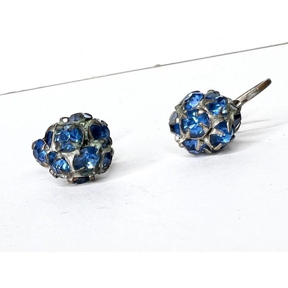 Vintage Blue Rhinestone Cluster Screw‑Back Earrings - Picture 2 of 6